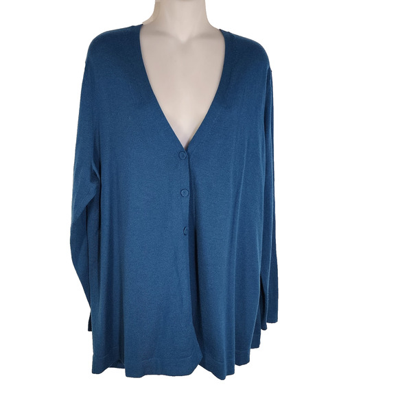 J. Jill Women’s Cardigan Sweater Large Wool Blend Teal V Neck Three Button Knit - Picture 1 of 10